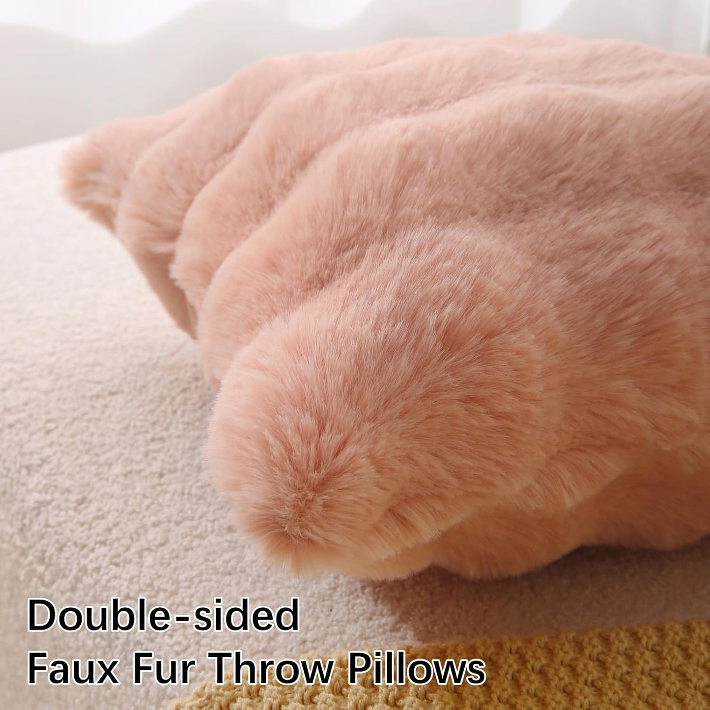 Faux Fur Plush Pillow with Inserts Set of 2, Soft 18" x 18" Decorative Throw Pillows, Square Boho Medium Plaid Pillow for Couch, Bed, Sofa Bedroom Decor (Pink)