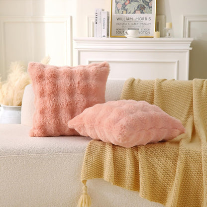 Faux Fur Plush Pillow with Inserts Set of 2, Soft 18" x 18" Decorative Throw Pillows, Square Boho Medium Plaid Pillow for Couch, Bed, Sofa Bedroom Decor (Pink)