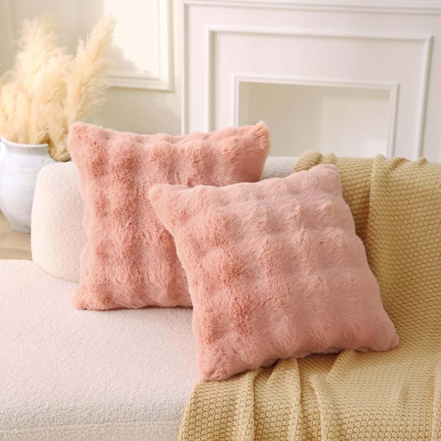 Faux Fur Plush Pillow with Inserts Set of 2, Soft 18" x 18" Decorative Throw Pillows, Square Boho Medium Plaid Pillow for Couch, Bed, Sofa Bedroom Decor (Pink)