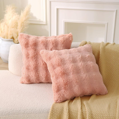 Faux Fur Plush Pillow with Inserts Set of 2, Soft 18" x 18" Decorative Throw Pillows, Square Boho Medium Plaid Pillow for Couch, Bed, Sofa Bedroom Decor (Pink)