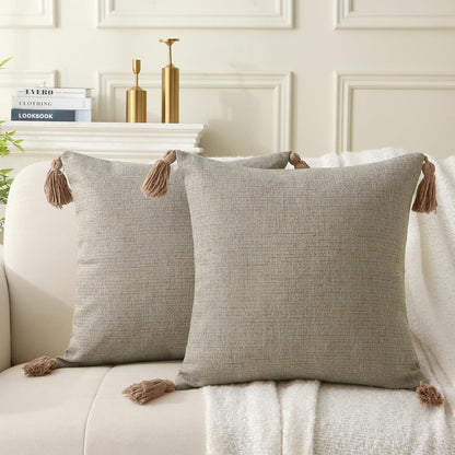 18" x 18" Decorative Throw Pillow with Inserts, Set of 2 Farmhouse Neutral Couch Throw Pillows with Tassels, Square Boho Pillow for Couch, Bed, Sofa Decor (Khaki, 18" x 18"(Pack of 2))