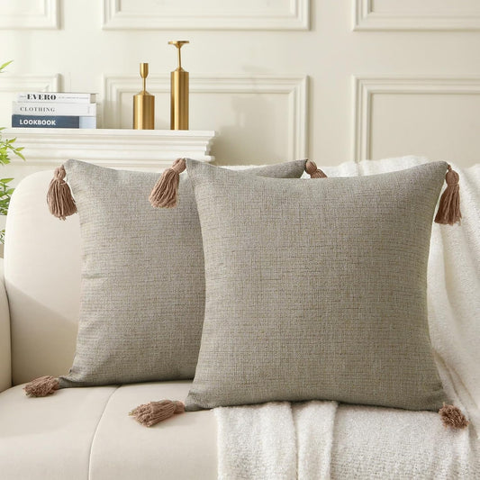 18" x 18" Decorative Throw Pillow with Inserts, Set of 2 Farmhouse Neutral Couch Throw Pillows with Tassels, Square Boho Pillow for Couch, Bed, Sofa Decor (Khaki, 18" x 18"(Pack of 2))