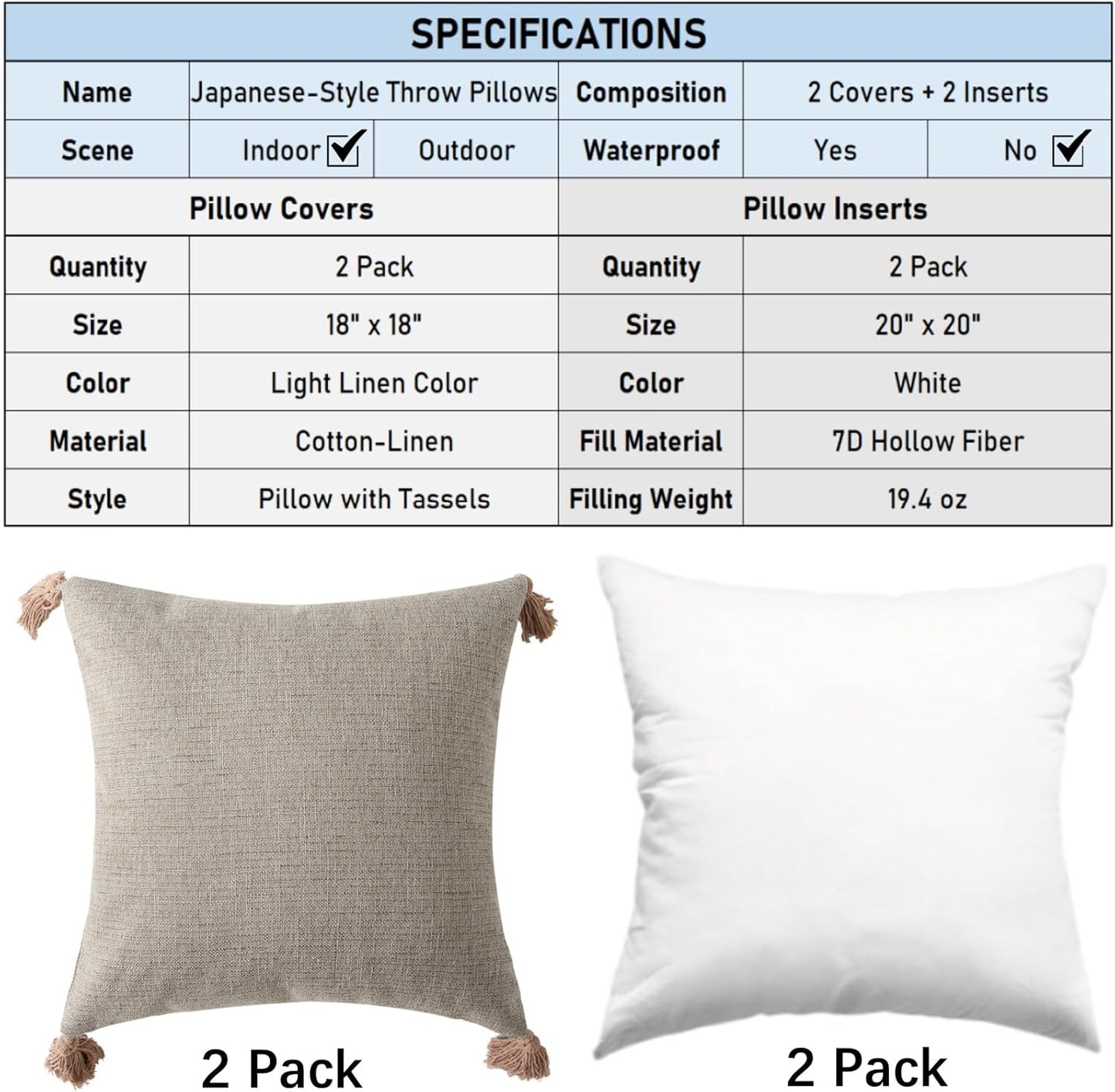 18" x 18" Decorative Throw Pillow with Inserts, Set of 2 Farmhouse Neutral Couch Throw Pillows with Tassels, Square Boho Pillow for Couch, Bed, Sofa Decor (Khaki, 18" x 18"(Pack of 2))