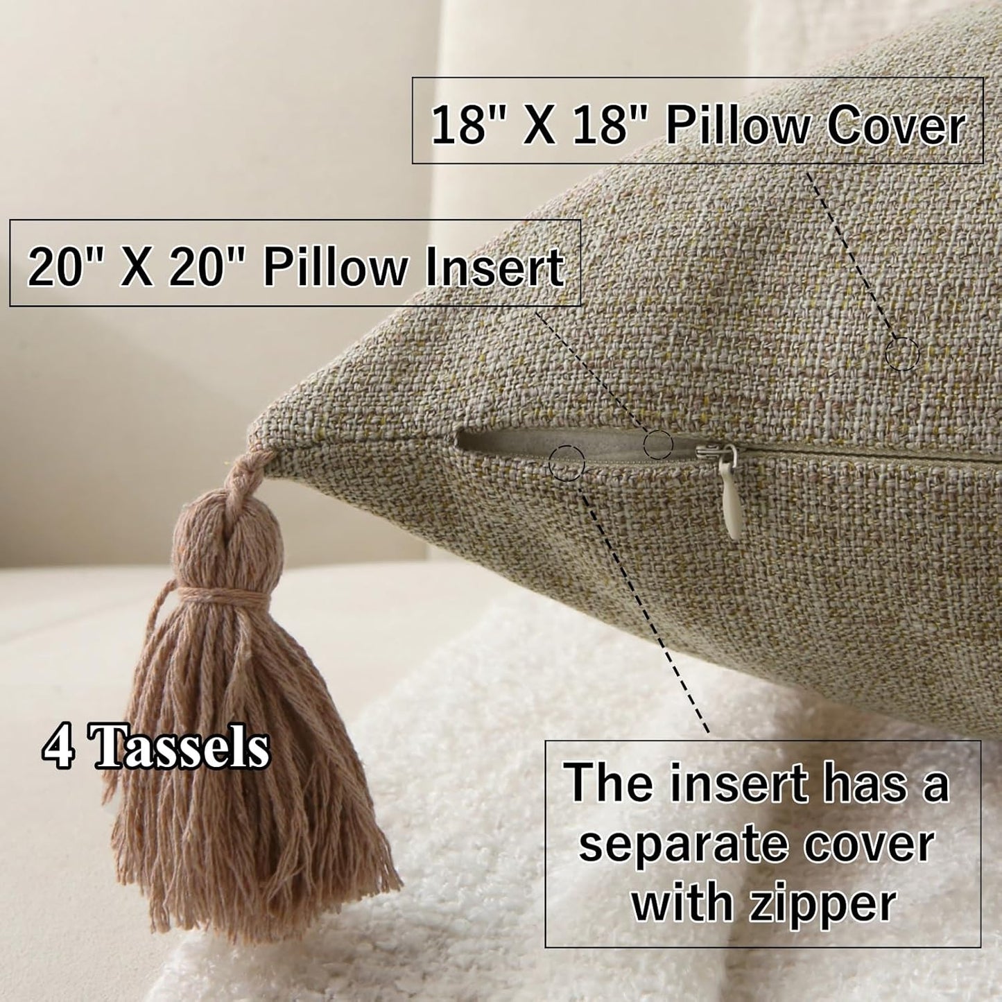 18" x 18" Decorative Throw Pillow with Inserts, Set of 2 Farmhouse Neutral Couch Throw Pillows with Tassels, Square Boho Pillow for Couch, Bed, Sofa Decor (Khaki, 18" x 18"(Pack of 2))