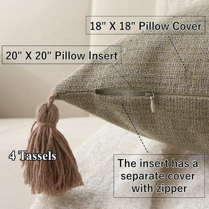 18" x 18" Decorative Throw Pillow with Inserts, Set of 2 Farmhouse Neutral Couch Throw Pillows with Tassels, Square Boho Pillow for Couch, Bed, Sofa Decor (Khaki, 18" x 18"(Pack of 2))