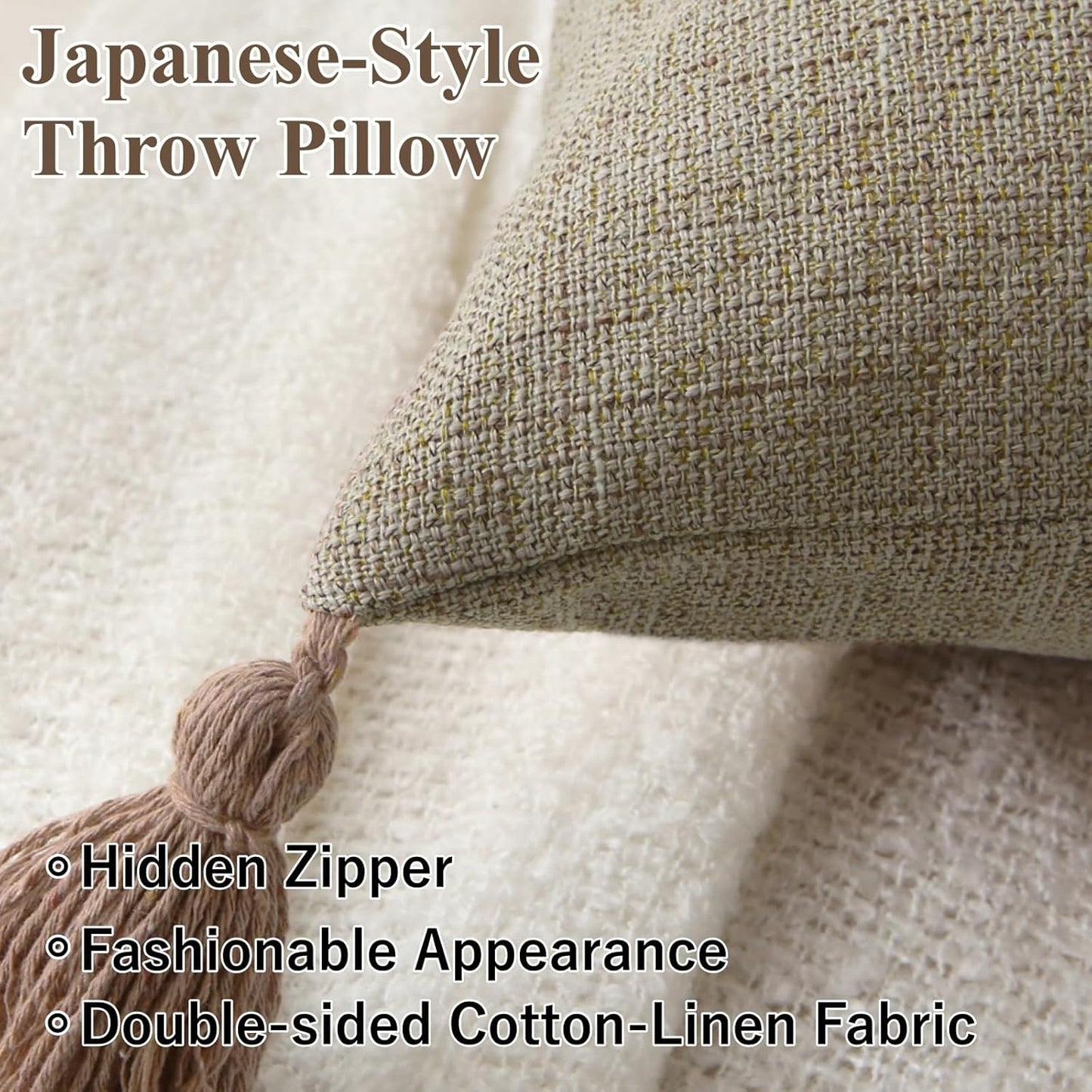 18" x 18" Decorative Throw Pillow with Inserts, Set of 2 Farmhouse Neutral Couch Throw Pillows with Tassels, Square Boho Pillow for Couch, Bed, Sofa Decor (Khaki, 18" x 18"(Pack of 2))