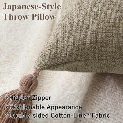 18" x 18" Decorative Throw Pillow with Inserts, Set of 2 Farmhouse Neutral Couch Throw Pillows with Tassels, Square Boho Pillow for Couch, Bed, Sofa Decor (Khaki, 18" x 18"(Pack of 2))