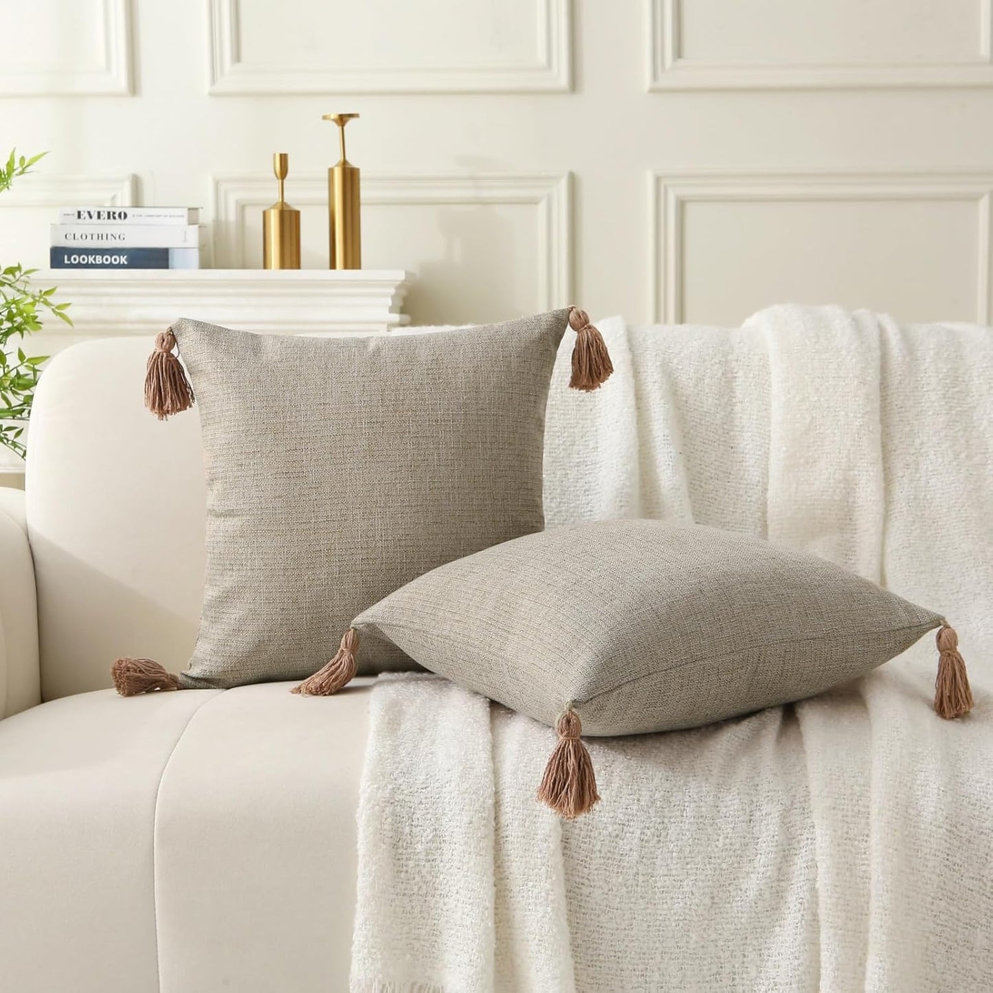 18" x 18" Decorative Throw Pillow with Inserts, Set of 2 Farmhouse Neutral Couch Throw Pillows with Tassels, Square Boho Pillow for Couch, Bed, Sofa Decor (Khaki, 18" x 18"(Pack of 2))