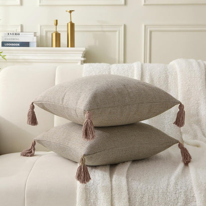 18" x 18" Decorative Throw Pillow with Inserts, Set of 2 Farmhouse Neutral Couch Throw Pillows with Tassels, Square Boho Pillow for Couch, Bed, Sofa Decor (Khaki, 18" x 18"(Pack of 2))