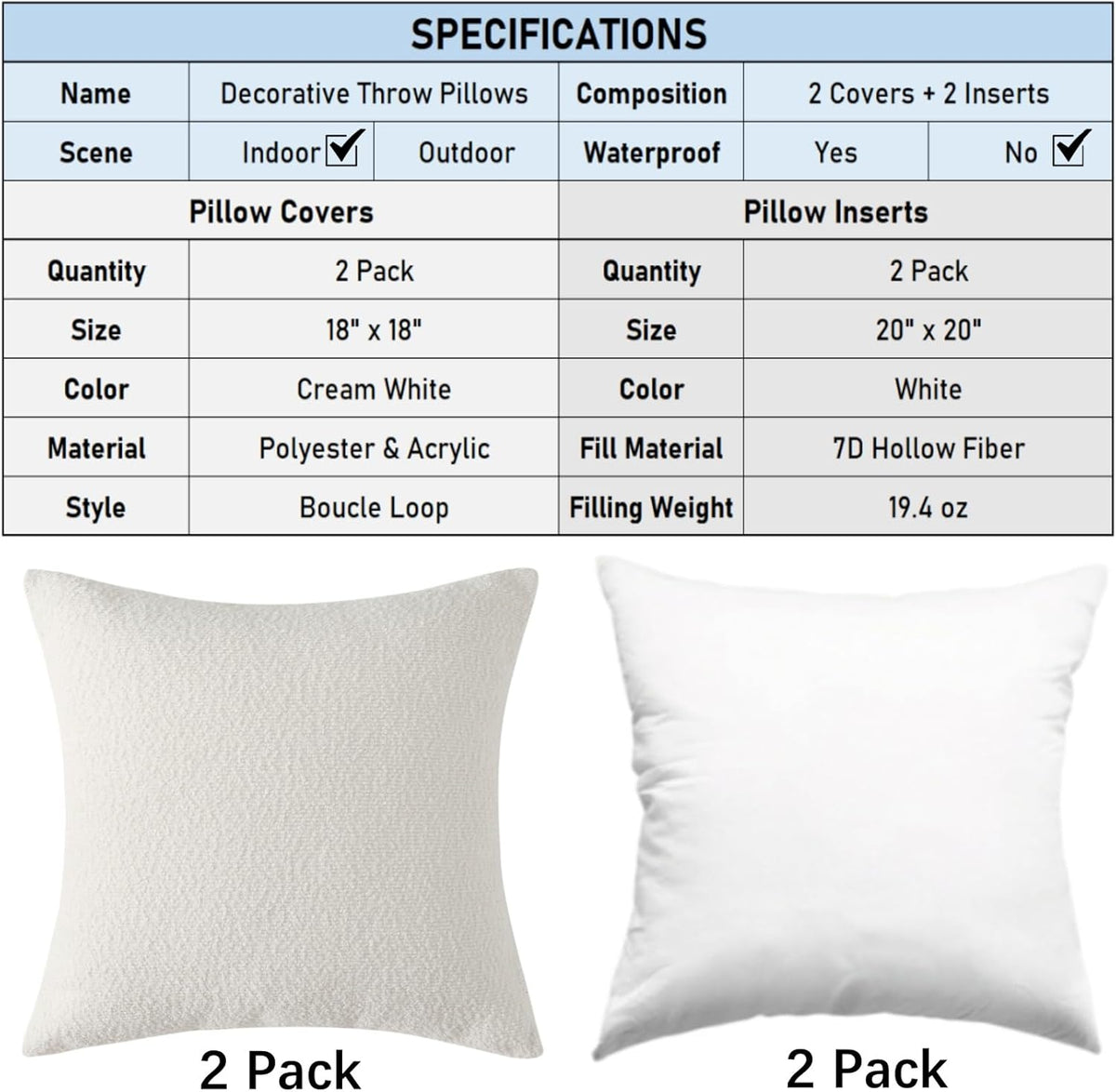 18" x 18" Decorative Throw Pillow with Inserts, Set of 2 Soft Textured Boucle Throw Pillows, Square Boho Pillow for Couch, Bed, Sofa Decor (White, 18" x 18"(Pack of 2))
