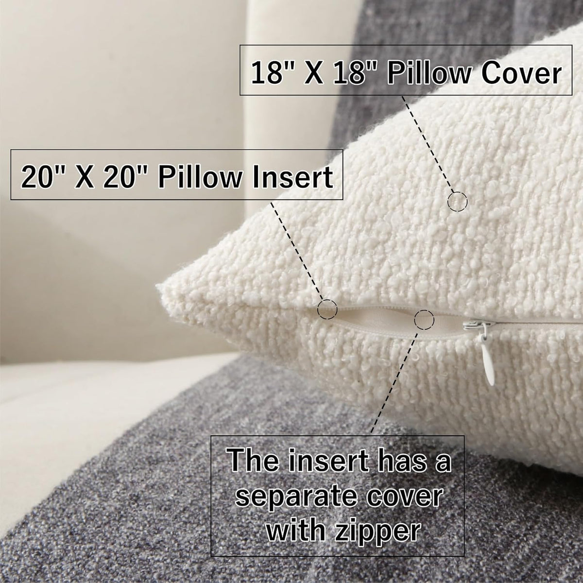 18" x 18" Decorative Throw Pillow with Inserts, Set of 2 Soft Textured Boucle Throw Pillows, Square Boho Pillow for Couch, Bed, Sofa Decor (White, 18" x 18"(Pack of 2))