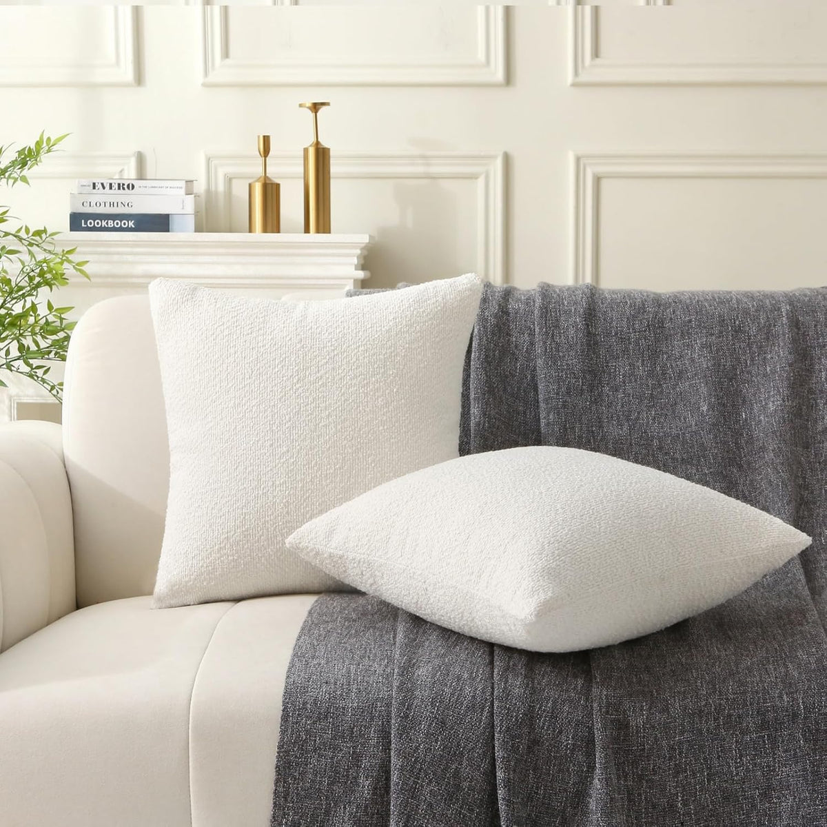 18" x 18" Decorative Throw Pillow with Inserts, Set of 2 Soft Textured Boucle Throw Pillows, Square Boho Pillow for Couch, Bed, Sofa Decor (White, 18" x 18"(Pack of 2))