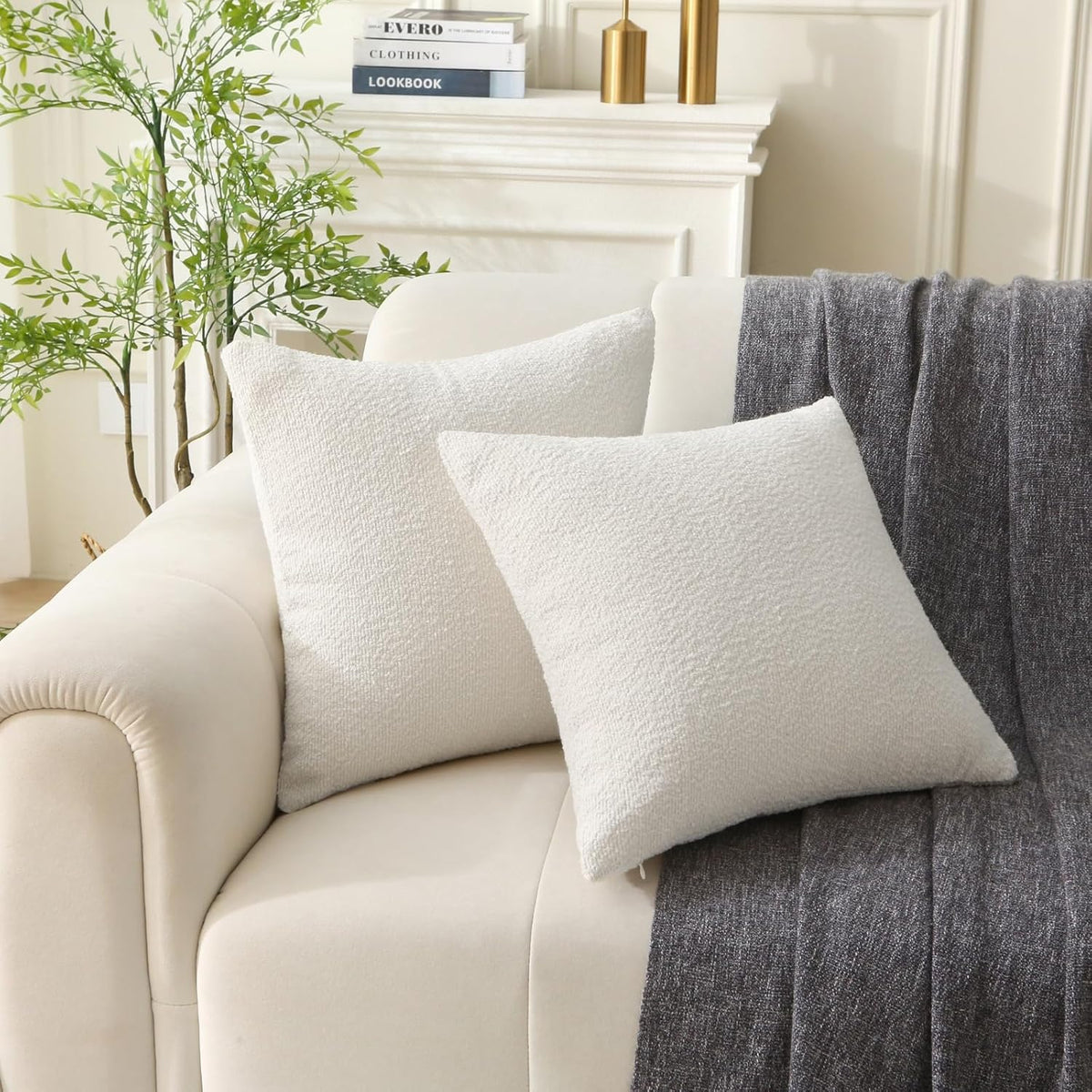 18" x 18" Decorative Throw Pillow with Inserts, Set of 2 Soft Textured Boucle Throw Pillows, Square Boho Pillow for Couch, Bed, Sofa Decor (White, 18" x 18"(Pack of 2))