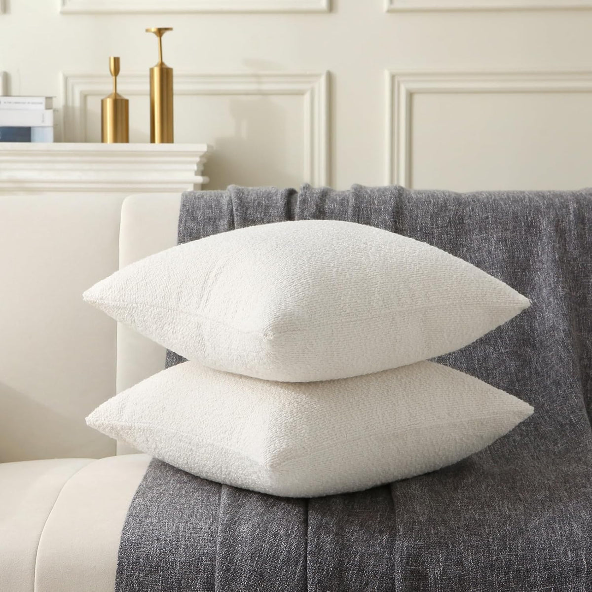 18" x 18" Decorative Throw Pillow with Inserts, Set of 2 Soft Textured Boucle Throw Pillows, Square Boho Pillow for Couch, Bed, Sofa Decor (White, 18" x 18"(Pack of 2))