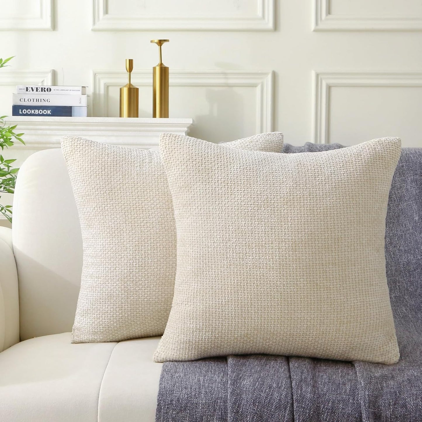 18" x 18" Decorative Throw Pillow with Inserts, Set of 2 Soft Modern Farmhouse Weave Pattern Throw Pillows, Square Boho Pillow for Couch, Bed, Sofa Decor (Beige, 18" x 18"(Pack of 2))