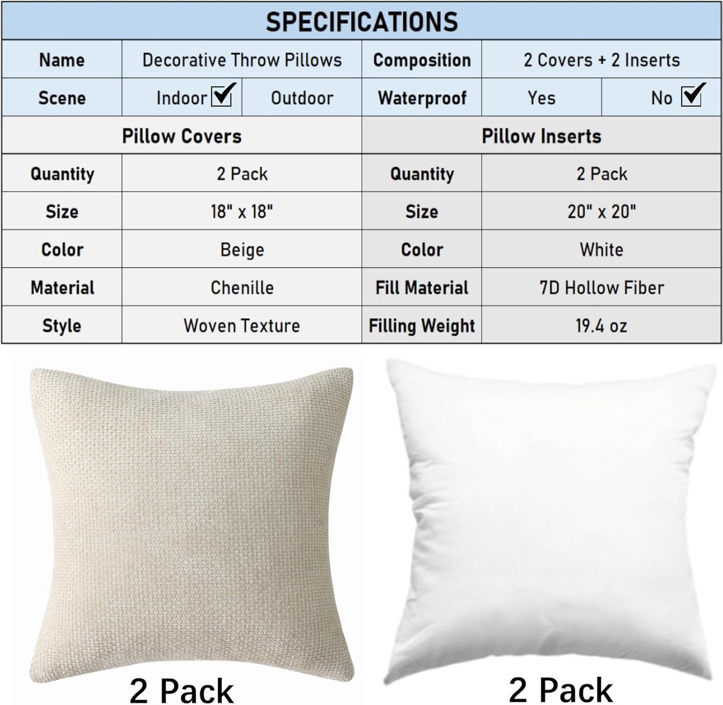 18" x 18" Decorative Throw Pillow with Inserts, Set of 2 Soft Modern Farmhouse Weave Pattern Throw Pillows, Square Boho Pillow for Couch, Bed, Sofa Decor (Beige, 18" x 18"(Pack of 2))