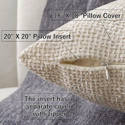 18" x 18" Decorative Throw Pillow with Inserts, Set of 2 Soft Modern Farmhouse Weave Pattern Throw Pillows, Square Boho Pillow for Couch, Bed, Sofa Decor (Beige, 18" x 18"(Pack of 2))