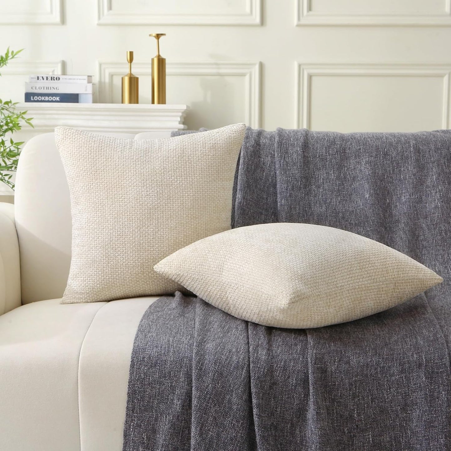 18" x 18" Decorative Throw Pillow with Inserts, Set of 2 Soft Modern Farmhouse Weave Pattern Throw Pillows, Square Boho Pillow for Couch, Bed, Sofa Decor (Beige, 18" x 18"(Pack of 2))