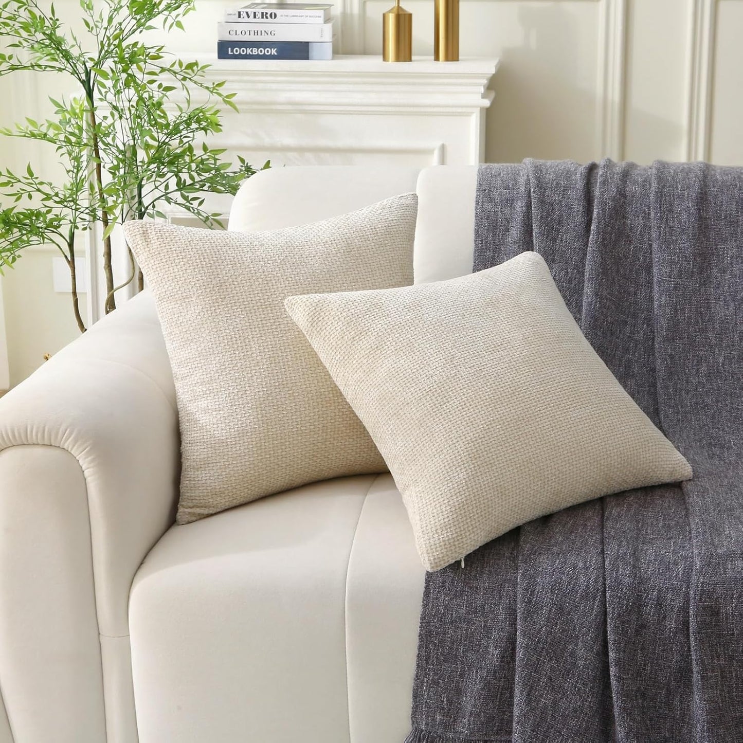 18" x 18" Decorative Throw Pillow with Inserts, Set of 2 Soft Modern Farmhouse Weave Pattern Throw Pillows, Square Boho Pillow for Couch, Bed, Sofa Decor (Beige, 18" x 18"(Pack of 2))