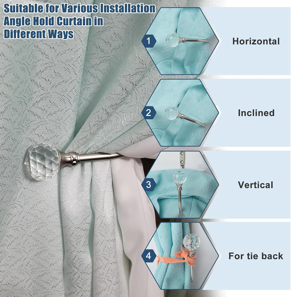 Curtain Holdbacks Silver Wall Mounted Curtain Holders Window Drapery Tiebacks with Clear Crystal Ball Quality Metal Curtain Tiebacks Curtain Hooks with Screws for Drapes, 4 Pcs