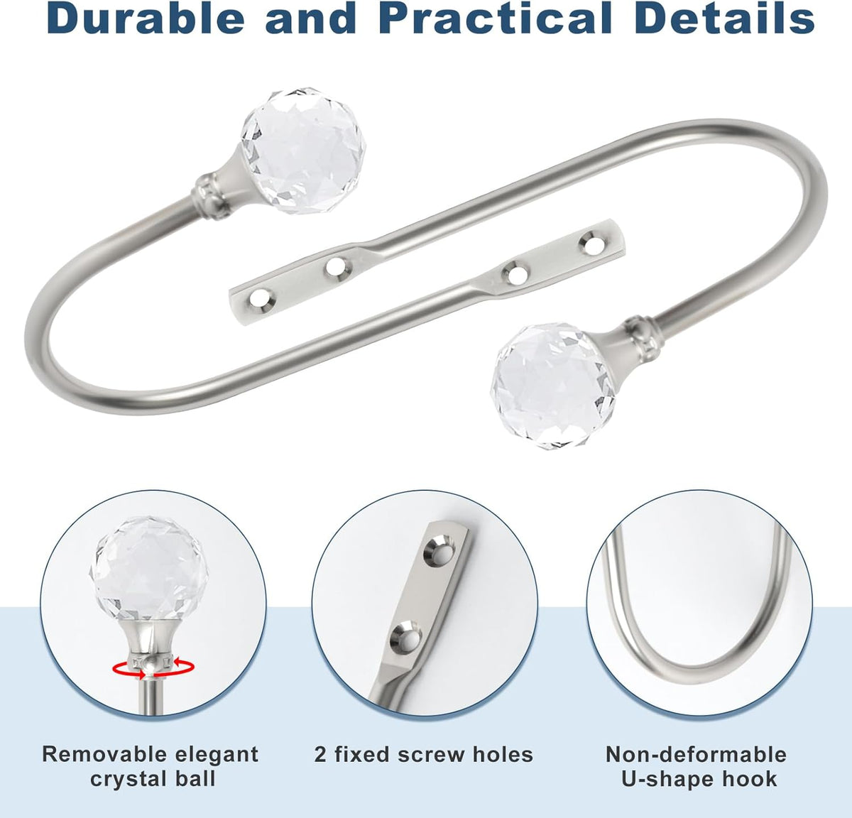 Curtain Holdbacks Silver Wall Mounted Curtain Holders Window Drapery Tiebacks with Clear Crystal Ball Quality Metal Curtain Tiebacks Curtain Hooks with Screws for Drapes, 4 Pcs