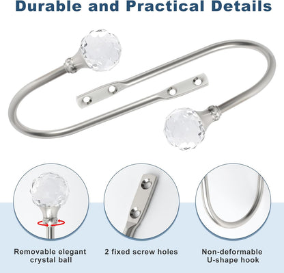 Curtain Holdbacks Silver Wall Mounted Curtain Holders Window Drapery Tiebacks with Clear Crystal Ball Quality Metal Curtain Tiebacks Curtain Hooks with Screws for Drapes, 4 Pcs