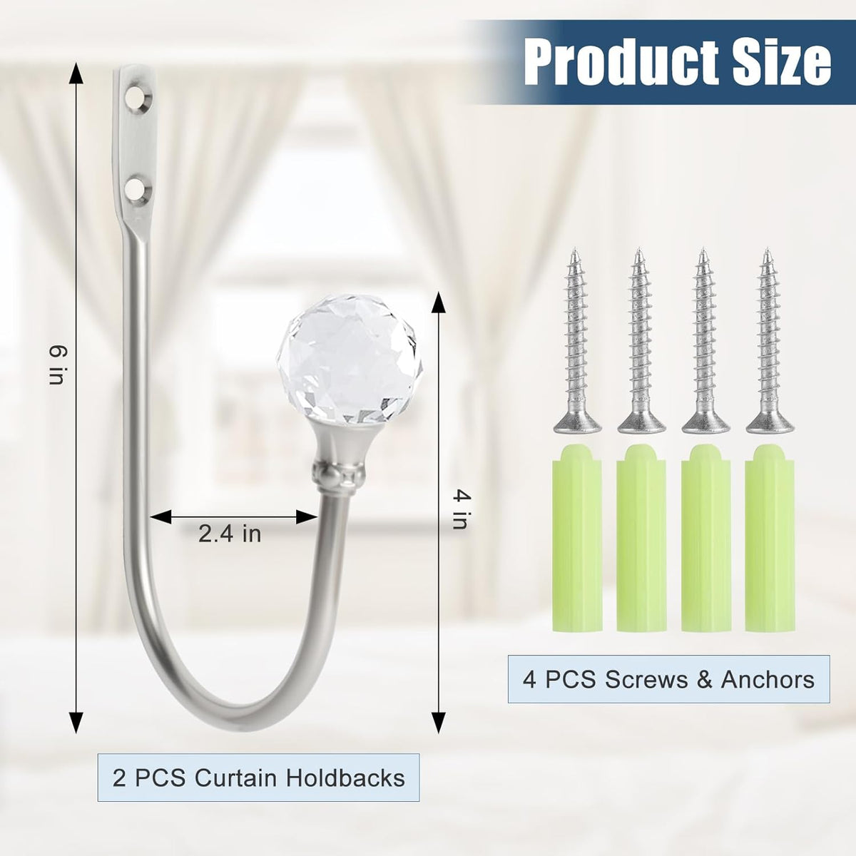 Curtain Holdbacks Silver Wall Mounted Curtain Holders Window Drapery Tiebacks with Clear Crystal Ball Quality Metal Curtain Tiebacks Curtain Hooks with Screws for Drapes, 4 Pcs