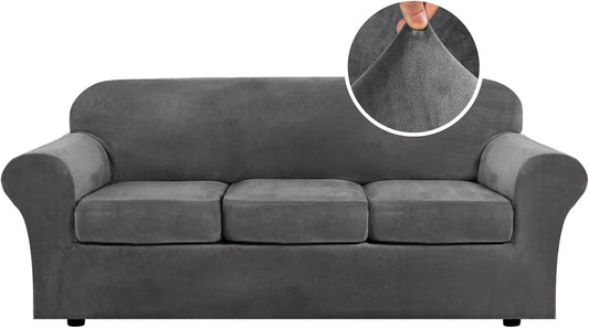4 Pieces Thick Velvet Sofa Covers Couch Covers for 3 Chion Couch Sofa High Stretch Slipcovers Furniture Protector Form Fit Luxury Couch Cover for Dogs Width Up to 90 Inch(Sofa,Grey)