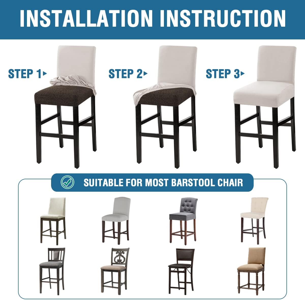 100% Waterproof Bar Stool Cover Stretch Counter Stool Pub Chair Slipcover for Dining Room Removable Soft Thick Solid Fleece Fabric Bar Stool Slipcovers Set of 4, Ivory