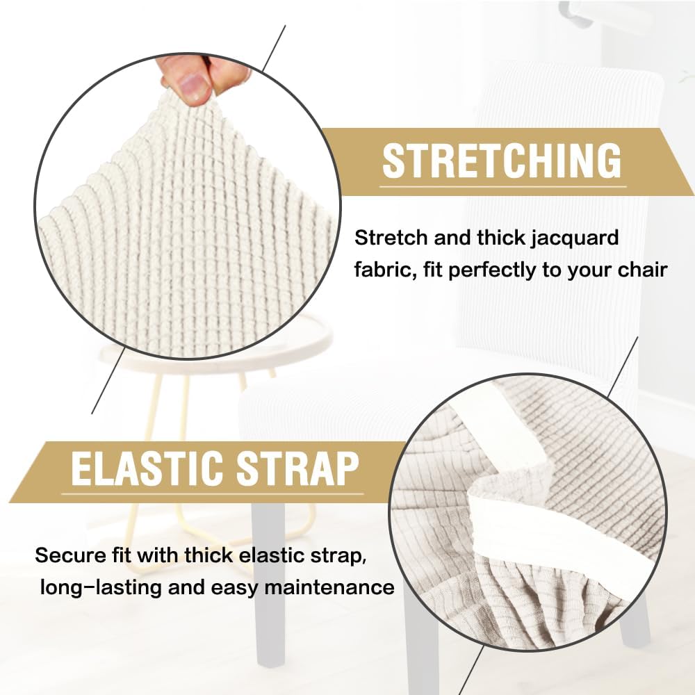 Stretch Dining Chair Covers Set of 6 Chair Covers for Dining Room Parsons Chair Slipcover Chair Protectors Covers Dining, Feature Textured Checked Jacquard Fabric, Ivory