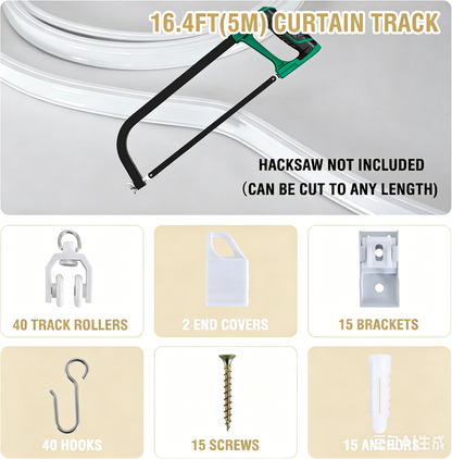 Ceiling Curtain Track Flexible Bendable Ceiling Mount for Curtain Rail 16.4ft (5M) Room Divider Curtain Track Systerm for RV Bay Window Curved Curtain Track for Bunk Bed Curtain, White