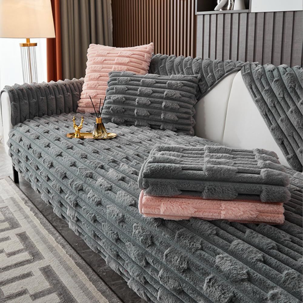 Super Soft Plush Non-Slip Sofa Cushion Covers, Thick Rabbit Plush Sofa Cushion Super Soft Faux Fur Throw Pillow Cover, Fluffy Couch Cushion Covers (Dark Grey, Sofa Cushion 110 * 110cm)