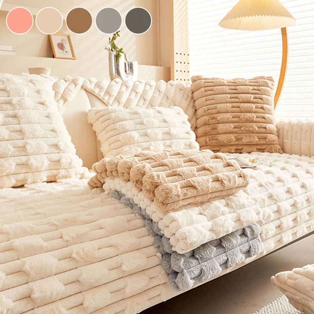 Super Soft Plush Non-Slip Sofa Cushion Covers, Thick Rabbit Plush Sofa Cushion Super Soft Faux Fur Throw Pillow Cover, Fluffy Couch Cushion Covers (Dark Grey, Sofa Cushion 110 * 110cm)