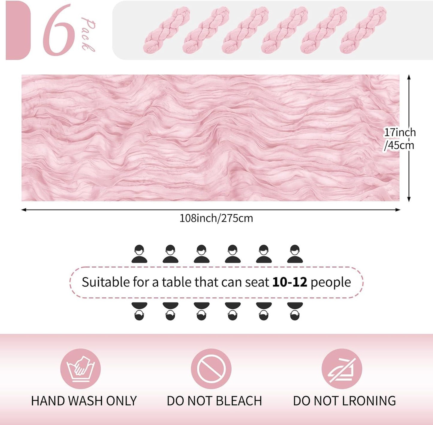 6 Pack Light Pink Cheesecloth Table Runner 17x108 Inch Semi Sheer Boho Gauze Cheese Cloth Fabric Table Runners Table Decor for Wedding Party Baby Shower Birthday Home Decor Garden Farmhouse