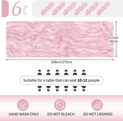 6 Pack Light Pink Cheesecloth Table Runner 17x108 Inch Semi Sheer Boho Gauze Cheese Cloth Fabric Table Runners Table Decor for Wedding Party Baby Shower Birthday Home Decor Garden Farmhouse