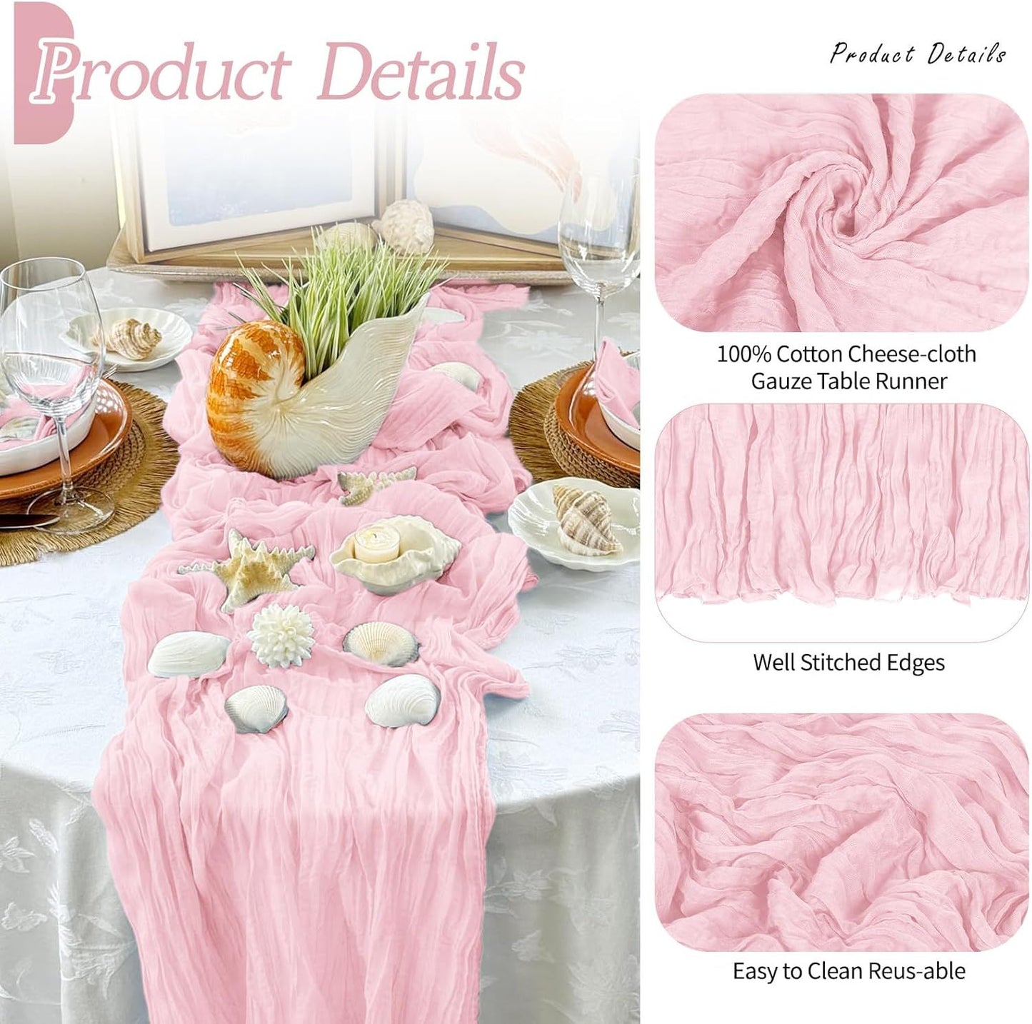 6 Pack Light Pink Cheesecloth Table Runner 17x108 Inch Semi Sheer Boho Gauze Cheese Cloth Fabric Table Runners Table Decor for Wedding Party Baby Shower Birthday Home Decor Garden Farmhouse