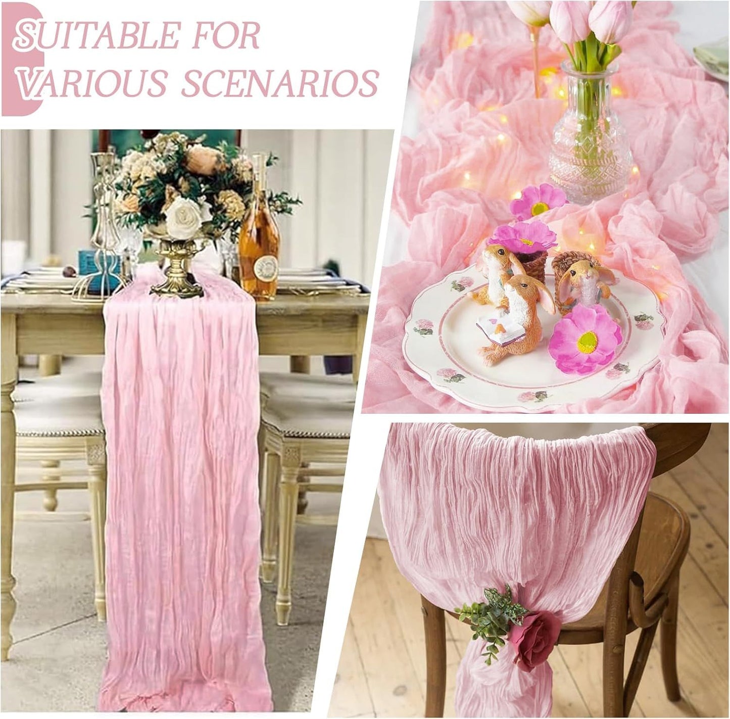 6 Pack Light Pink Cheesecloth Table Runner 17x108 Inch Semi Sheer Boho Gauze Cheese Cloth Fabric Table Runners Table Decor for Wedding Party Baby Shower Birthday Home Decor Garden Farmhouse