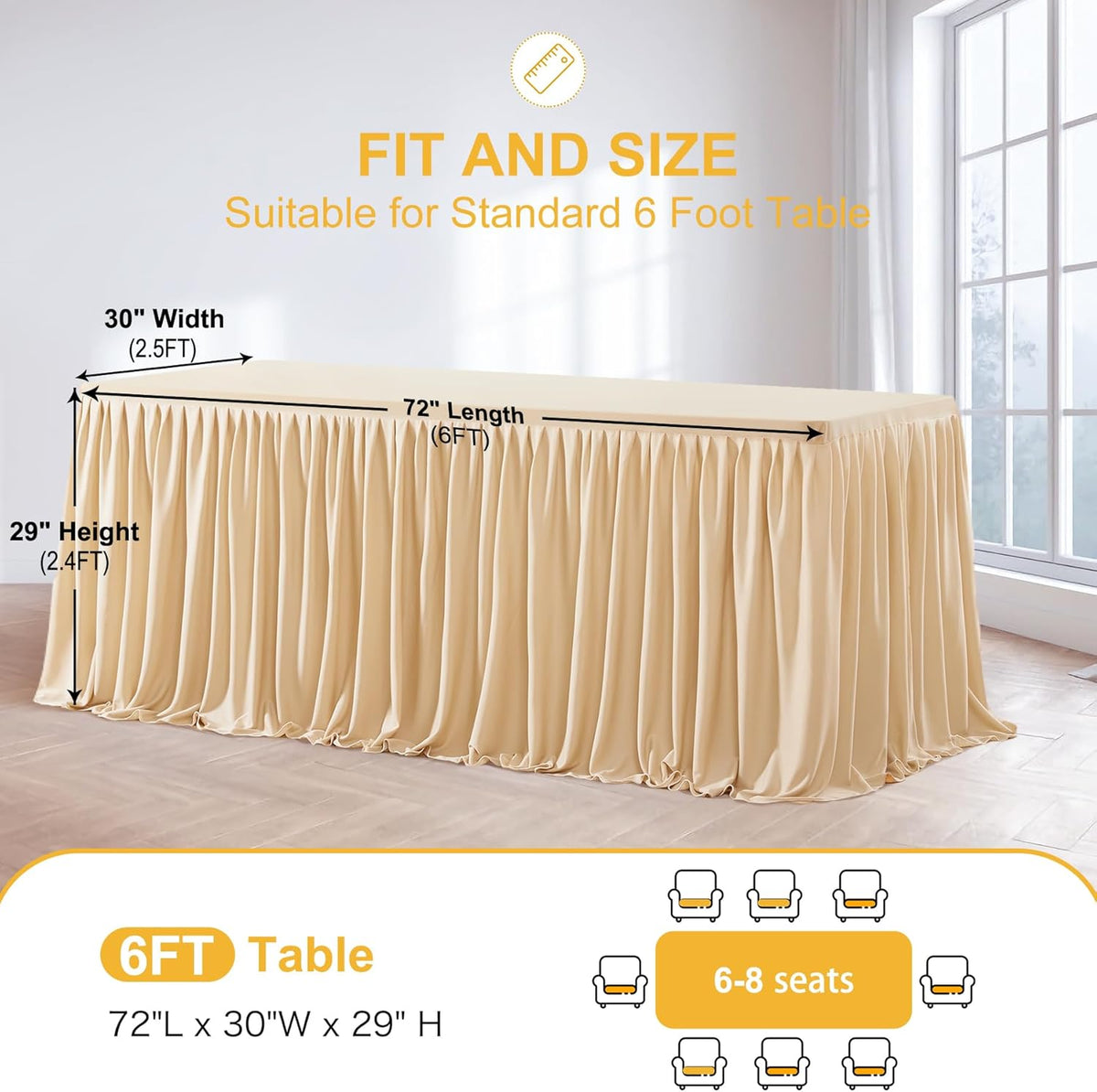 2 Pack Champagne Rectangle Table Clothes for 6 Foot Tables, Polyester Fitted Tablecloths 6t Stretch Table Cover for Wedding, Birthday, Parties, Trade Show, Craft Show