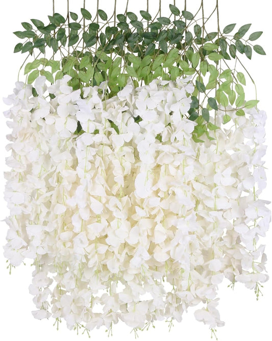 12Pack Wisteria Hanging Artificial Flowers 3.6ft Wisteria Silk Flowers Garland Fake Bushy Vine Faux Ratta String for Wedding Arch Party Garden Greenery Home Wall Backdrop Decor (Milk White)