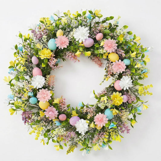 Easter Wreath for Front Door Decorations, Easter Egg Door Wreath Decorations, Spring Wreaths with Pastel Eggs Flowers Eucalyptus Leaves for Front Door Outside Wall Window Decor