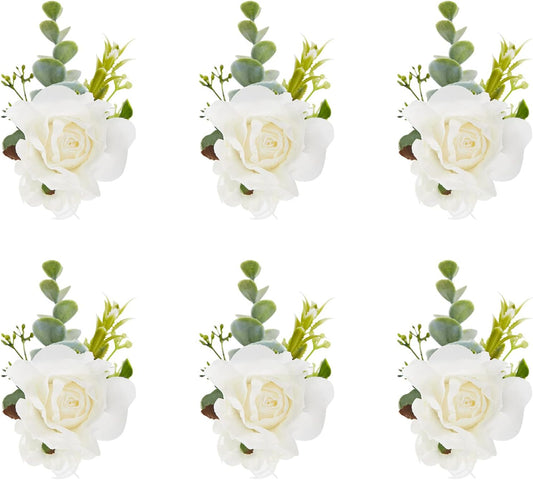 White Ivory Rose Wrist Corsage, Set of 6, Wedding Bridal Flower Corsage Hand Decor for Prom Party Homecoming, Wristband Flowers Bride, Bridesmaid, Girl