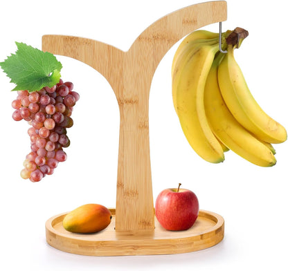 Double Hooks Banana Hanger Stand, 14 Inch Wood Holder, Stable Keeper for Kitchen Countertop