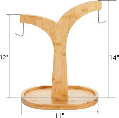 Double Hooks Banana Hanger Stand, 14 Inch Wood Holder, Stable Keeper for Kitchen Countertop
