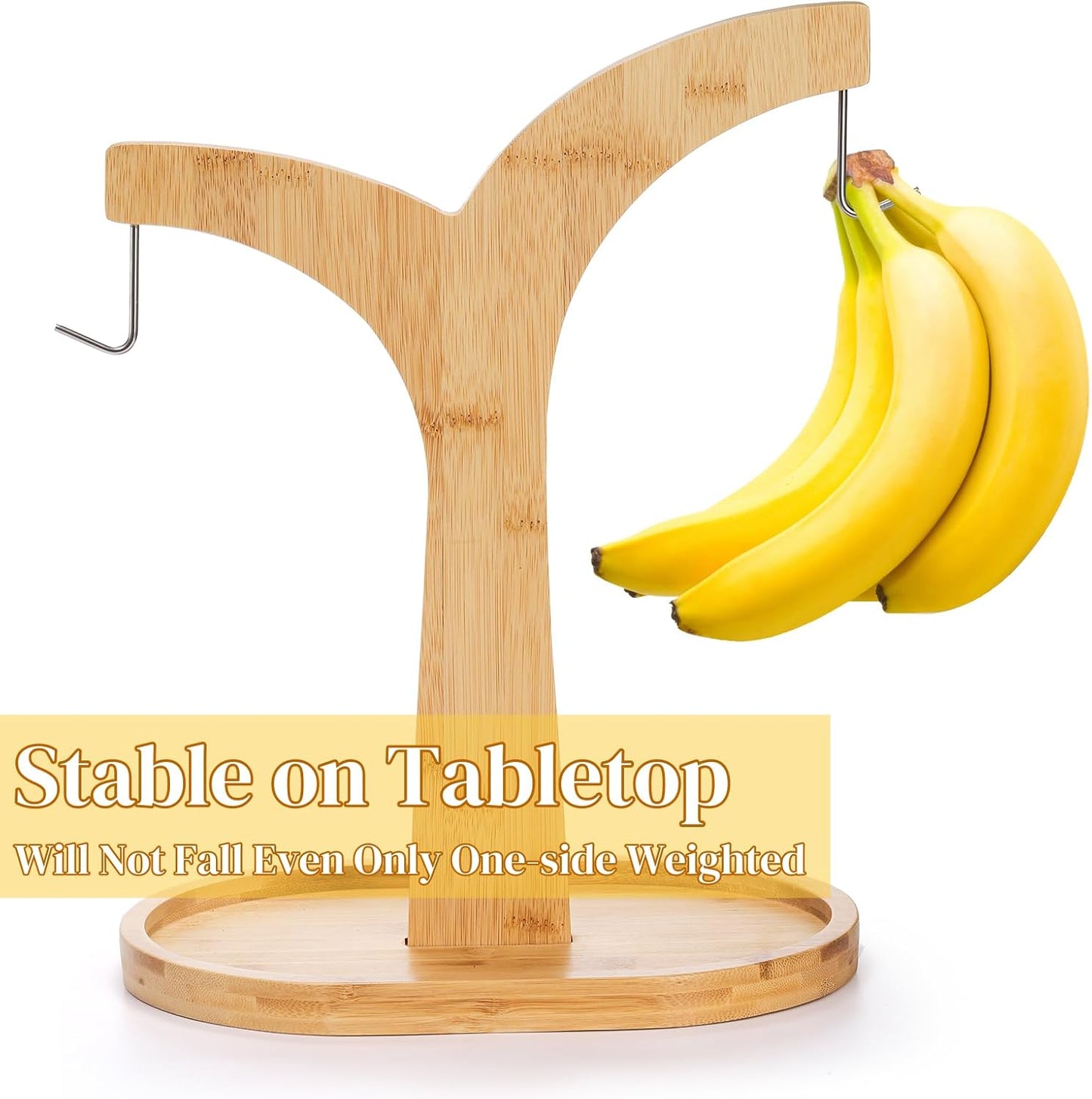 Double Hooks Banana Hanger Stand, 14 Inch Wood Holder, Stable Keeper for Kitchen Countertop