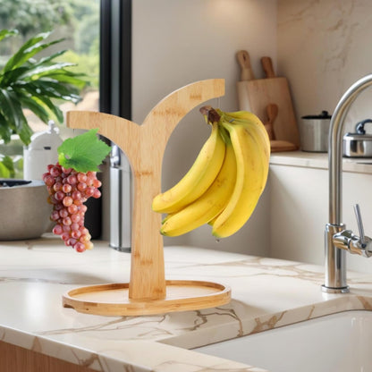 Double Hooks Banana Hanger Stand, 14 Inch Wood Holder, Stable Keeper for Kitchen Countertop