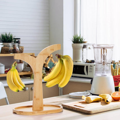 Double Hooks Banana Hanger Stand, 14 Inch Wood Holder, Stable Keeper for Kitchen Countertop