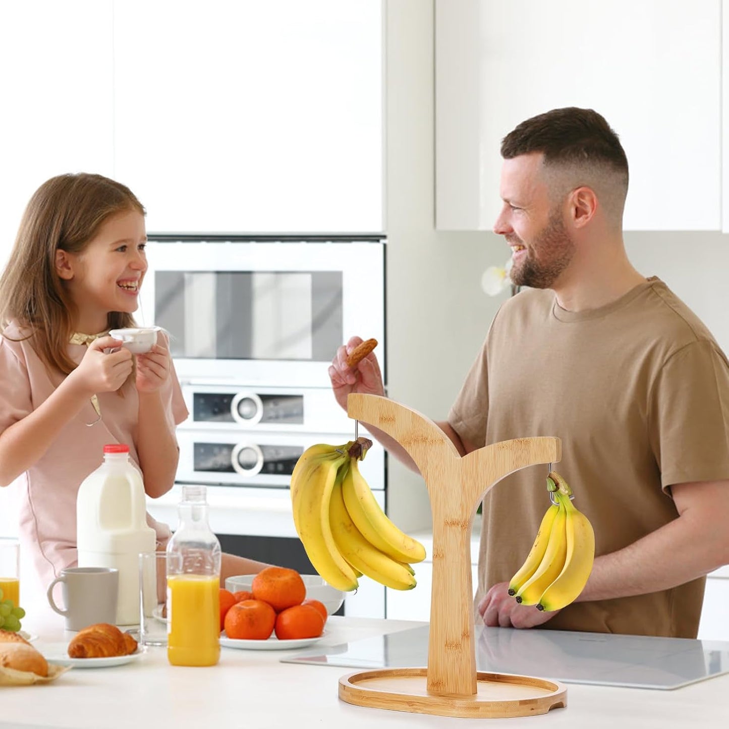 Double Hooks Banana Hanger Stand, 14 Inch Wood Holder, Stable Keeper for Kitchen Countertop