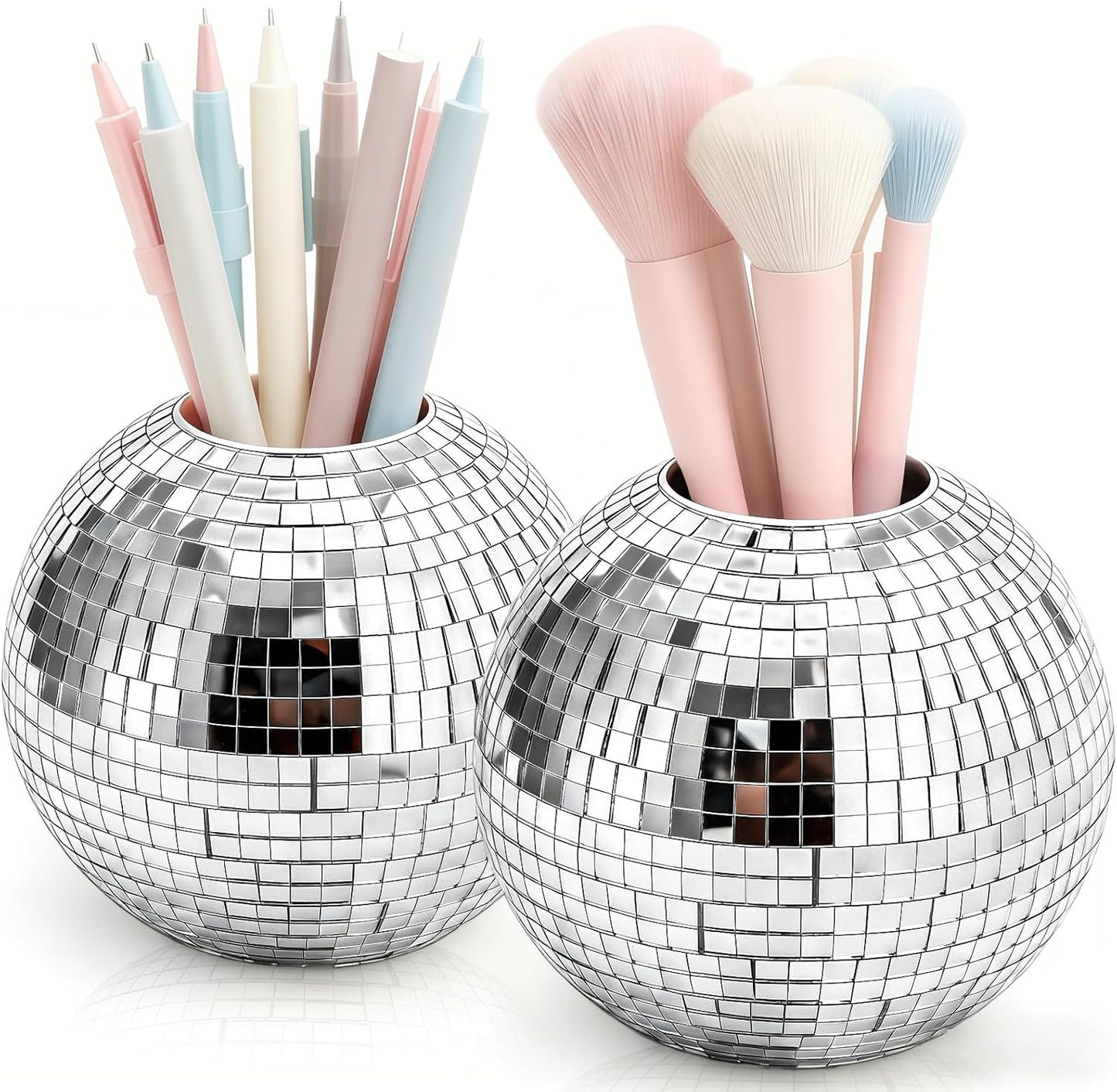 2 Pack Disco Ball Pencil Holder for Desk, 4 Inch Pen Organizer with Silver Sequins, Shiny Plastic Makeup Brush Holder, Sparkling Mirror Glass Flower Pot Cup Home Office Classroom Decor