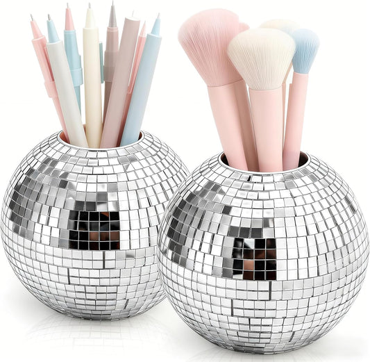 2 Pack Disco Ball Pencil Holder for Desk, 4 Inch Pen Organizer with Silver Sequins, Shiny Plastic Makeup Brush Holder, Sparkling Mirror Glass Flower Pot Cup Home Office Classroom Decor