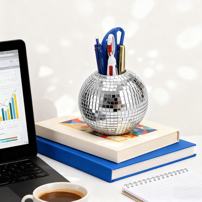 2 Pack Disco Ball Pencil Holder for Desk, 4 Inch Pen Organizer with Silver Sequins, Shiny Plastic Makeup Brush Holder, Sparkling Mirror Glass Flower Pot Cup Home Office Classroom Decor